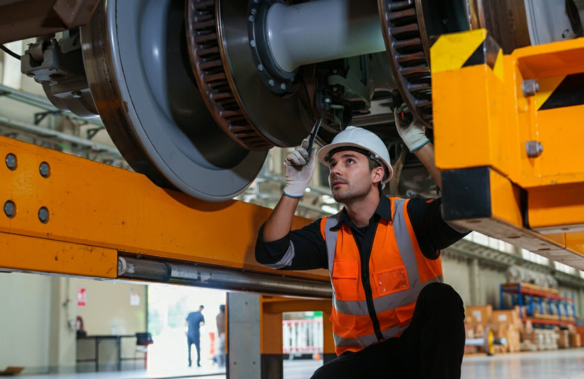Rail engineer in hi-vis inspecting a train wheelset in a depot