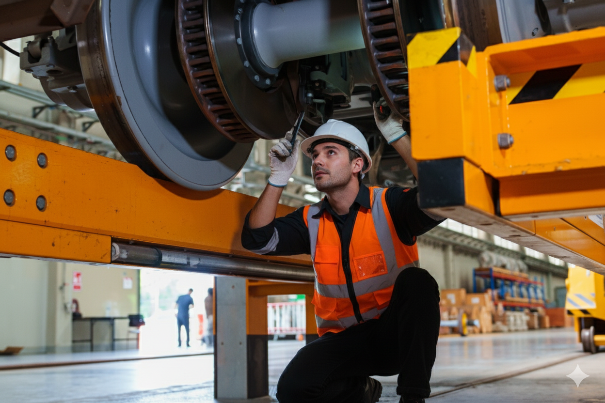 Rail engineering technician in a hard hat and high-visibility vest inspecting a train wheelset in a depot